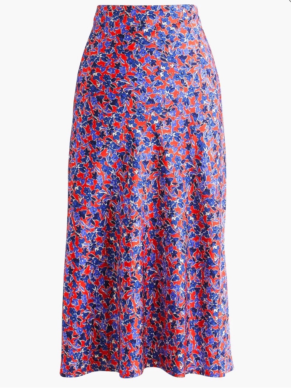 NWOT J. Crew Sz M Printed Slip Skirt A-Line Midi Satin Skirt Red Blue Floral
